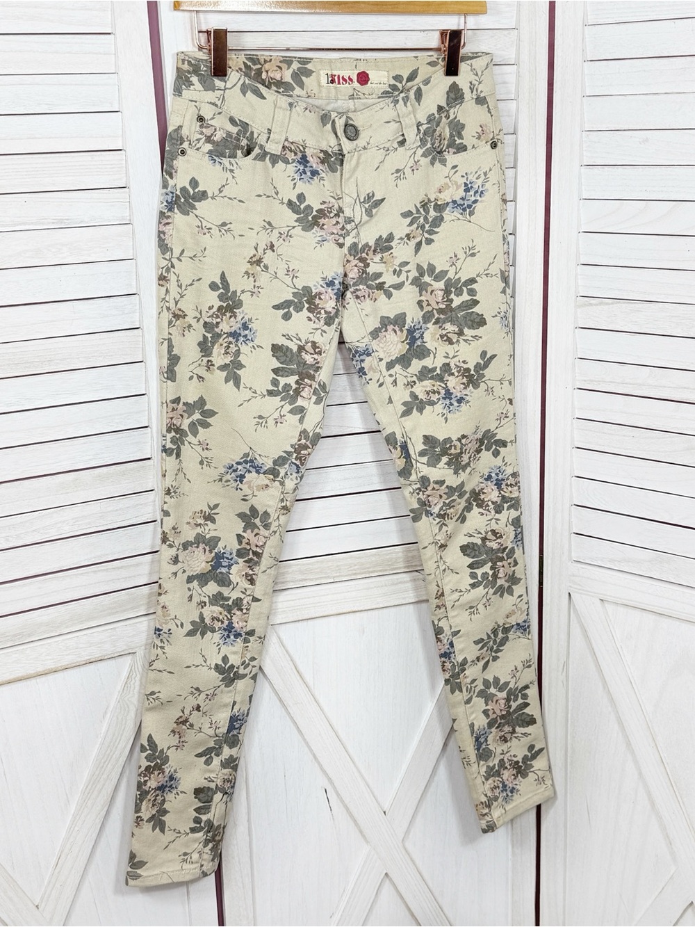 Y2K 1st Kiss Floral Low Rise Skinny Jeans Cream Multi Juniors Size 3 Cottagecore